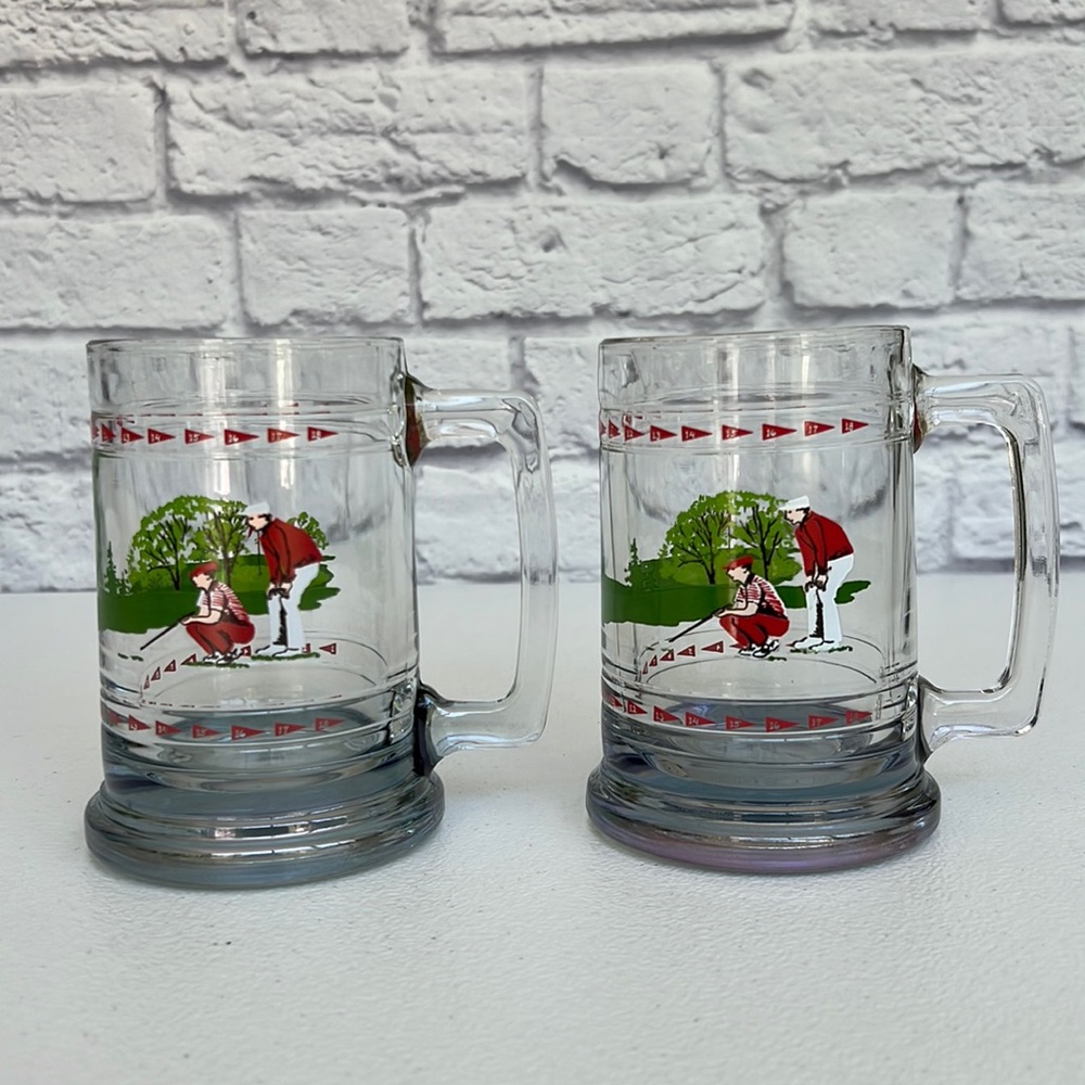 Princess House Set Of 2 Crystal Golfer Beer Tankard Mug Glass Golf Course 12oz
